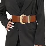 WHIPPY Women Wide Elastic Waist Belt for Dresses Fashion Gold Buckle Stretchy Leather Waistband for Ladies, Brown, Fits Waist 28