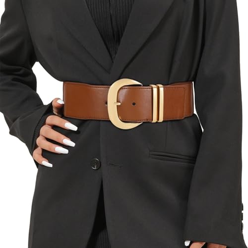 WHIPPY Women Wide Elastic Waist Belt for Dresses Fashion Gold Buckle Stretchy Leather Waistband for Ladies, Brown, Fits Waist 28