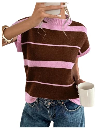 MakeMeChic Women's Striped Sweater Vest Dolman Sleeve Crew Neck Knit Lightweight Pullover Knit Tops Pink and Brown Medium