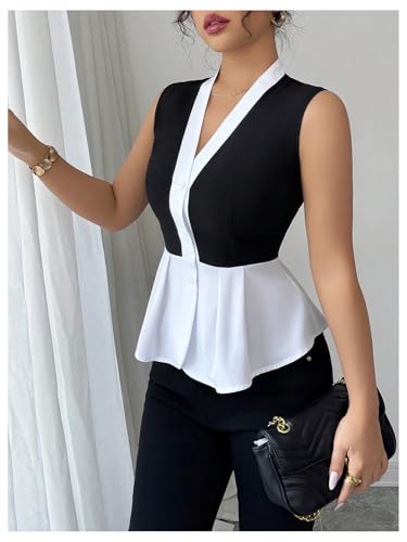 SweatyRocks Women's Sleeveless Button Down Blouse Color Block Ruffle V Neck Work Shirts3