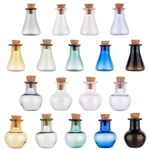 PH PandaHall 18 tarros de hechizos pequeños de colores, 2 juegos de mini botellas de vidrio, mini botellas de poción, frascos de botella de deseos con tapón de corcho para decoración de bodas, fiestas