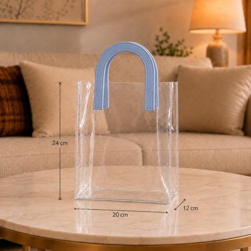 Image of SATYAM KRAFT 6 Pcs Transparent Reusable Leather Goodie Bags | Elegant Gift Bags for Her /Him Wedding Return Favors, Engagement Hampers, Marriage, Birthday & Festival Gifting | Handle Hamper Shopping Carry Bags (U-shaped Blue - Medium)
