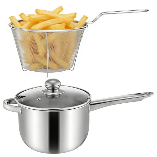 Olla para freír, con cesta con tapa Sartén antiadherente de acero inoxidable | Sartén profunda, olla para cocinar, para estufa eléctrica de cerámica, cocinar patatas fritas, sopa de mariscos, restaura