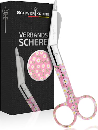 SCHWERTKRONE Verbandsschere Edelstahl scharfe gebogene Lister Schere mit Sicherheits-Spitze | Pflege- & Krankenschwester Schere mit farbigem Design | robust präzise & ideal für Verbände