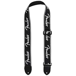 Fender© « Running Spaghetti Logo » Sangle pour Guitare et Basse – 5cm de large – Noir/Blanc - Les Beatles, Paul McCartney, John Lennon, RIngo Starr, George Harrison