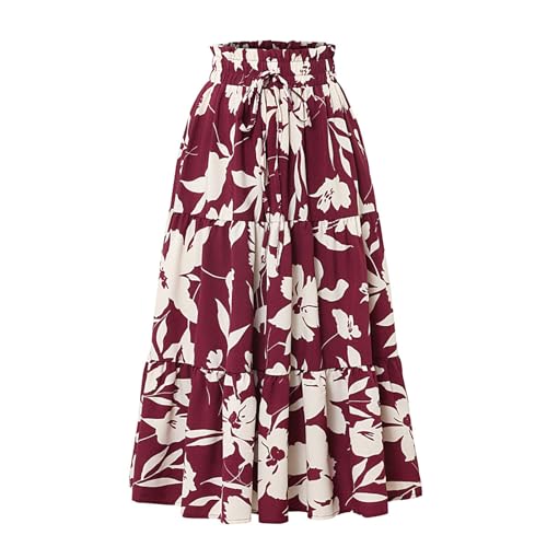 Women's Midi Skirt Summer Boho Elastic High Waist A-Line Flowy Swing Casual Beach Tiered Skirt Dress with Pockets