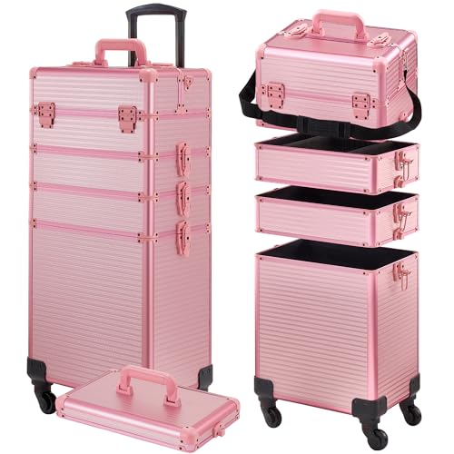 GALHUBIS Rolling Makeup Case, Makeup Train Case with Lid, 5 in 1 Cosmetology Case on Wheels, Christmas Gift, Large Makeup Case Organizers, Profesional Cosmetic Case for Salon Barber, Pink