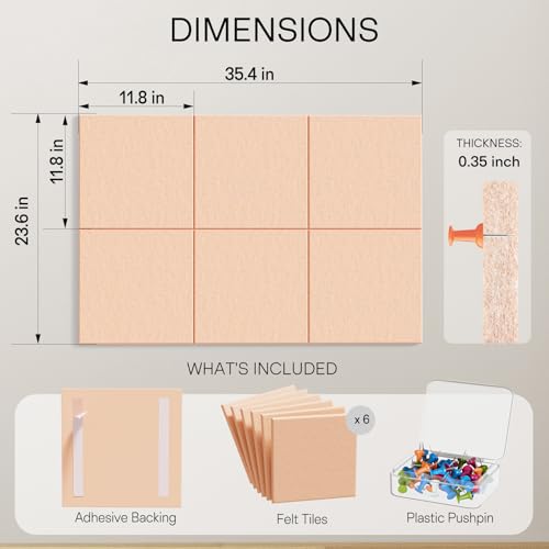 Image of MaxGear Felt Bulletin Board 36 inch x 24 inch, Peach Beige Felt Wall Tiles Push Pin
