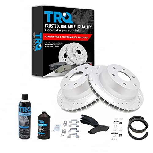 Image of TRQ Performance Rear Brake Pad & Rotor Kit Premium G-Coated Ceramic Slotted X Drilled Compatible with 02-06 Cadillac 00-06 Chevrolet GMC
