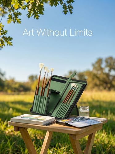 Image of Long Brush Holder & Organizer, Canvas Case 5.7 x 14.8 in, Green | 15 Slots Zipper Paint Brush Case for Brushes up to 13 in Length, Artist Long Handle Brush Art Case (Brush Not Included)