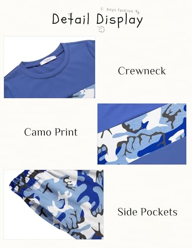 Image of Arshiner Boys' 2-Piece Cotton Outfit Color Block T-Shirt and Shorts Set Summer Camo Clothes for Kids 5-14 Years