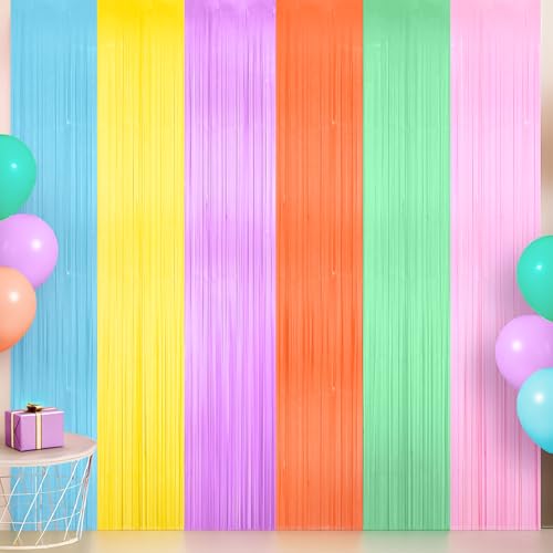Image of KatchOn, Pastel Multicolor Foil Fringe Curtains - Pack of 2 | Pastel Colourful Photo Backdrop, Rainbow Foil Fringe Backdrop | Easter Decorations for Home | Baby Shower, Birthday Decorations