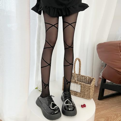Image of Y2K Patterned Sheer Tights for Women Gothic Punk Thigh High Pantyhose Harajuku Lolita Bandage Fishnet Stockings