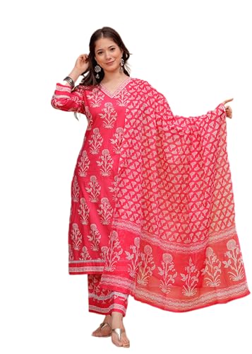 Image of MEERA FAB Women's Cotton Blend Straight Printed Kurta with Palazzo & Dupatta