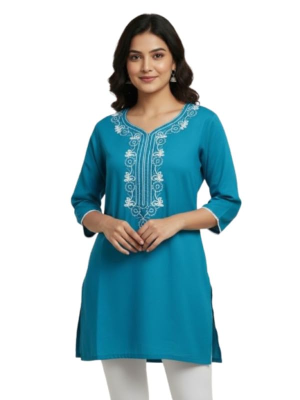 Rayon Aari Embroidery Short Kurti for Women's | Regular Fit Casual Wear Stylish Tunic Top with 3/4 Sleeve | Ethnic Embroidered Kurti for Home Office & Travel (in, Alpha, L to 2XL)-image-10