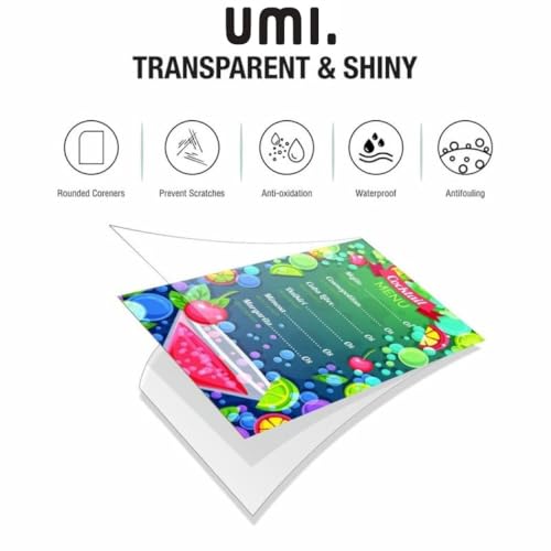 Image of Amazon Brand - Umi A4 Lamination Pouch - Clear Glossy Thermal Sheets, Transparent and Waterproof, 225mm x 310mm, 125 Microns Thick for Document Protection and Professional Finishing (50 Sheets)