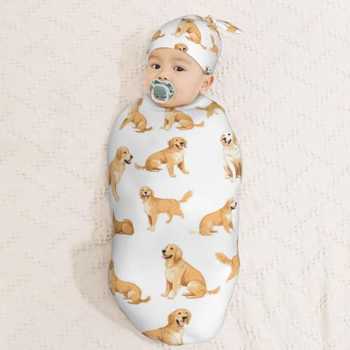 Image of Painting Golden Retriever Newborn Swaddle Blankets Hat Sets Soft Baby Receiving Blanket Swaddle Sack for Baby Shower Infant Boy Girl Gift