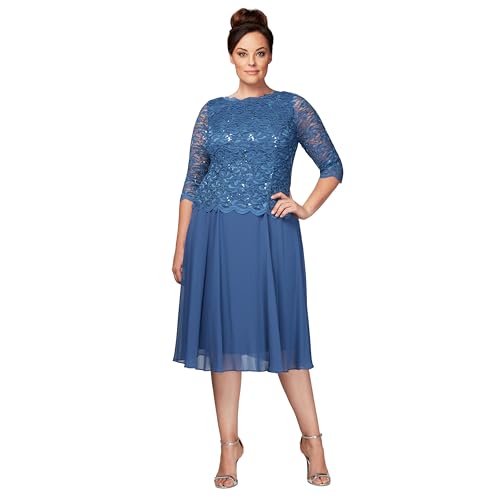 Image of Alex Evenings Women's Tea Length Embroidered Bodice Mother of The Bride Gown, Wedding Guest Dress