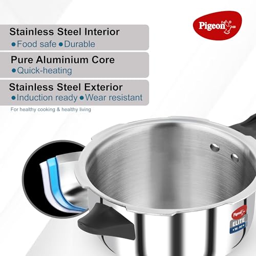 Image of Pigeon By Stovekraft Elite Shine 3.5Liters Tri-Ply Body Outer Lid Pressure Cooker Induction And Gas Stove Compatible That Distributes Heat Evenly For Uniform Cooking (Stainless Steel, Silver)