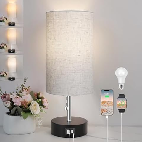 ROTTOGOON 3-Color Temperature Bedside Lamp Nightstand Lamp with USB A Port and C Port, Table Lamp for Bedroom with LED Bulb Small Lamps for Living Room (Otmeal) Cover