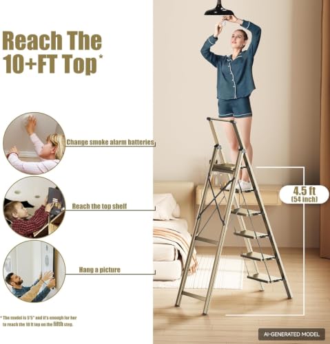 Image of SOLADDER 6 Step Ladder, Folding Step Stool, Lightweight Stepladder, Gold