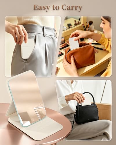Image of vpu Foldable Compact Makeup Mirror, Portable Pocket Travel Mirrors Ultrathin Handheld PU Rectangular Standing Cosmetic Mirror with Adjustable Stand Suitable for Camping, Home, Office, Travel