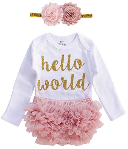 Image of 3pcs Dusty Rose Newborn Baby Girl Coming Home Outfit Hello World Bodysuits