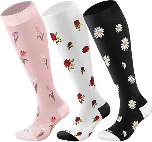 Blicount Ladies Cotton Compression Socks 15-20 mmHg Knee High Crazy Cute Funny Support Sock, Best for Nurses, Pregnant Women, Travel, Rose, Tuilp, Daisy Flower