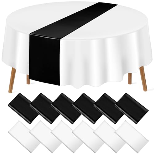 Image of 12Pack 12x108 Inch Satin Table Runner and 84 Inch Round Plastic Tablecloths White and Black Disposable Round Table Cover for Graduation Wedding Bridal Shower Anniversary Birthday Party Decorations