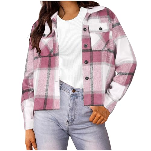 Cropped Shacket for Women Casual Long Sleeve Plaid Shirts Jacket Fashion Button Down Cropped Shacket Jackets