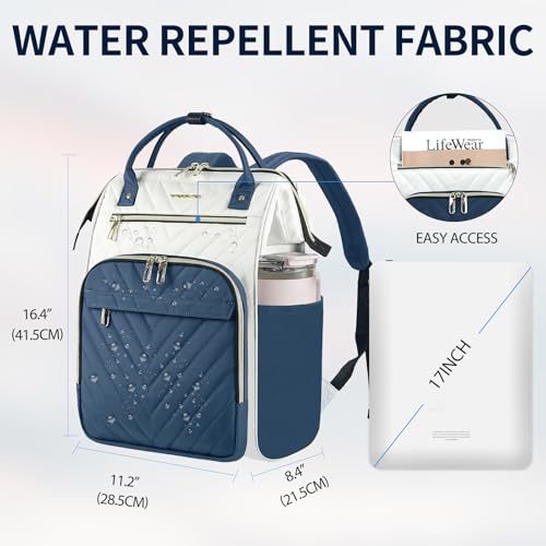 Image of VANKEAN Laptop Backpack for Women Fashion Computer Work Bag, Large Capacity Waterproof Backpack, College Daypack Business Travel, Beige /Haze blue, 15.6 Inch