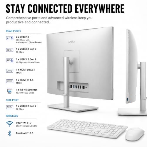 Image of Dell 23.8 inch All-in-One Desktop Computer, FHD Touchscreen, Intel Core Ultra 7 Series 3 Processor, Copilot+ PC, 32GB DDR5 RAM, 2TB PCIe SSD, Wi-Fi 6E, Bluetooth 5.3, Windows 11 PRO, Wireless KB & Mouse