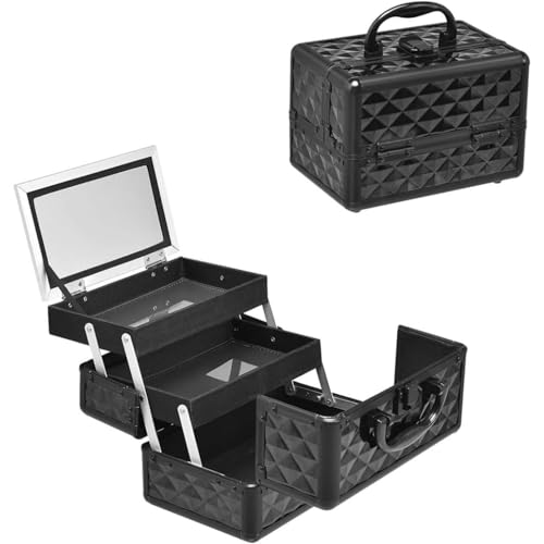 Yubbuioメイクボックス 大容量 鏡付き 持ち運び プロ仕様 コスメボックス 化粧品収納ボックス 化粧品収納 メイク収納 コスメ収納 ブラックブラックアルミニウム合金収納ボックス二重層大容量ポータブル防水化粧品ケースミラー付き