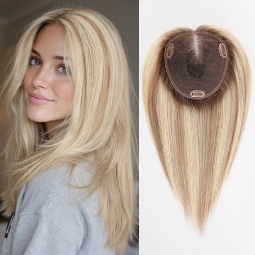 Wear but free KKU Hair Toppers for Women Real Human Hair, 6' × 5' Lager Swiss Lace Base 100% Human Hair Toppers for Women, Covering Thining Hair(14Inch,Ombre Blonde Mixed Brown)