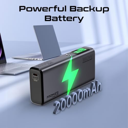 Image of Promate 130W Laptop & Mobile Power Bank (20000mAh) | Smart TFT LCD Screen, USB-A QC 3.0, Dual Type-C Input /Output Ports, Over-Heating Protection | Power Bank for Laptop, iPhone and Android, Titan-130