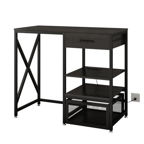 METYERRY Kitchen Bakers Rack with Power Outlet, Microwave Stand with Drawer, Mini Fridge Stand with Adjustable Shelves,Mini Fridge Cabinet Suitable for Dining Room, Dorm,Home, Black