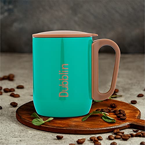 Image of DUBBLIN Polo Stainless Steel Unbreakable Tea Coffee Mug Double Wall with Handle and Lid, Wide Mouth Mug Keeps Beverages Hot & Cold 220 ML Green