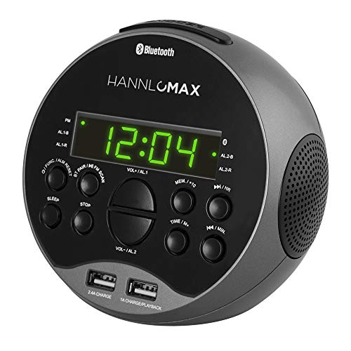 HANNLOMAX HX-129CR Alarm Clock Radio. PLL FM Radio, 0.6" Green LED Display, Bluetooth, USB Ports for 2.4A & 1A Charging/MP3 Playback (Grey)