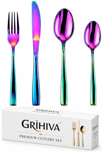 Image of 4 Pcs Rainbow Mirror Polish Stainless Steel Cutlery Set for Dining Table with Spoon and Fork Set & Butterknife - The Perfect Tableware /Flatware