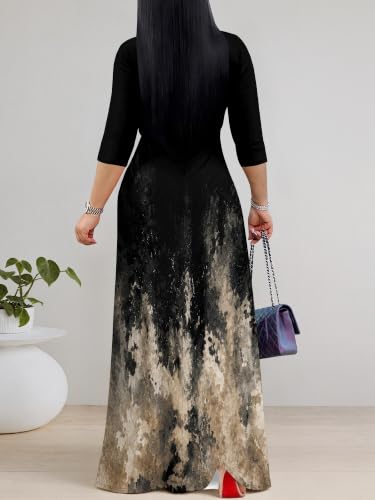 Image of Women's V Neck Floral Maxi Dress 3 /4 Sleeve Plus Size Boho Wrap Flowy Long Dresses with Belt