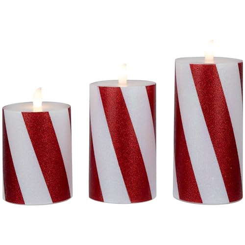 Image of LED Flameless Flickering Candy Cane Wax Pillar Christmas Candles - 6 inch - Set of 3