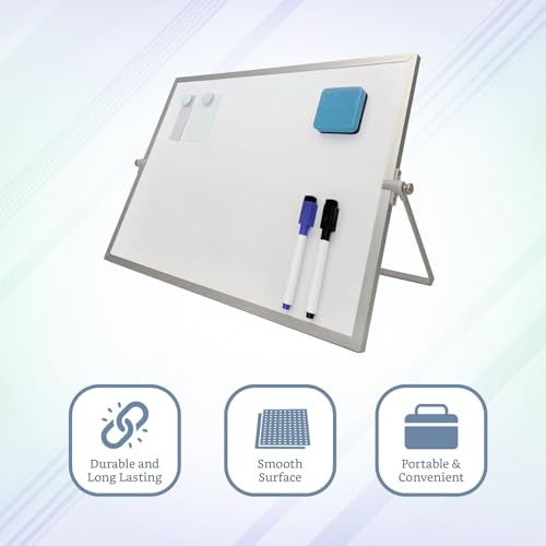 Image of Amazon Brand - Solimo Dry Erase Double-Sided White Board with 360 Rotating Adjustable Stand | Aluminium Frame | Accessories Included | Portable (30 x 40 cm)