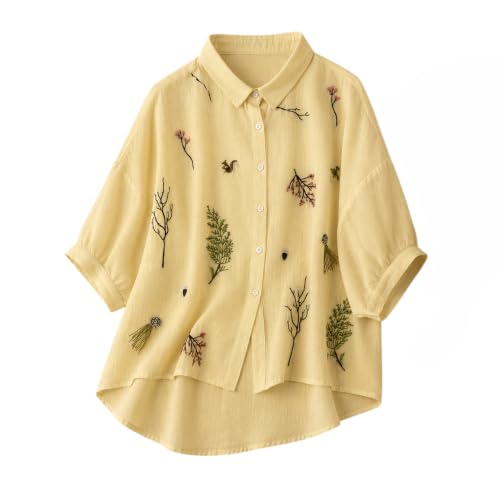 Image of Gufrina Women Designer Botanical Embroidered Korean Style Shirt | Button Down Relaxed Fit | High Low Hem Three Quarter Sleeve | Casual Smart Top-Shirt
