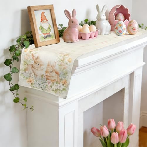 Tischläufer Ostern Osterdeko Tisch – Frühlingshafter Tischläufer mit süßen Osterhasen und Blumenkranz, waschbarer und langlebiger Stoff für Esstisch, Frühlingspartys und Familienessen, 180 x 33 cm