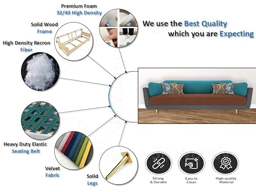 Image of Black Wood Modern Mid Century Velvet 3 Seater Sofa with Three Colour Shade with Extended Warranty for Bedroom, Living Room, Dining Room (Grey Brown Turquoise, 3 Seater)