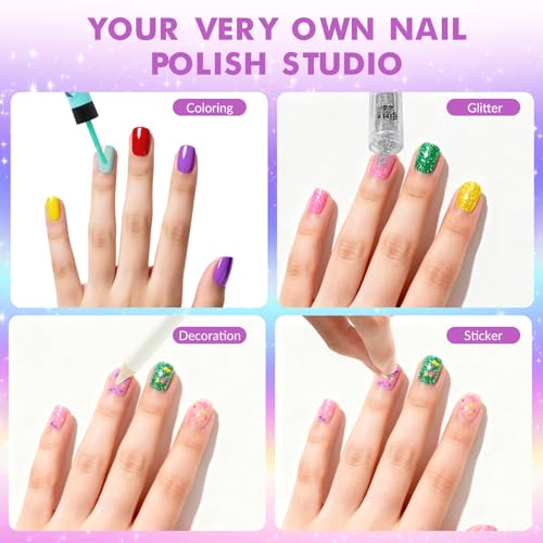 BLIFF Nail Art Pens for Kids Set - 6 Color Kids Nail Polish Kit with Dryer and Glitter Powder Doodle Pens Stickers, Perfect Toys for Girls 8-12 As Christmas or Birthday Gift