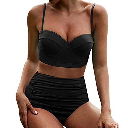 ORANDESIGNE Bikini a Lunares Retro Mujer Top Halter Push Up Fruncido Braga Talle Alto E Negro XL