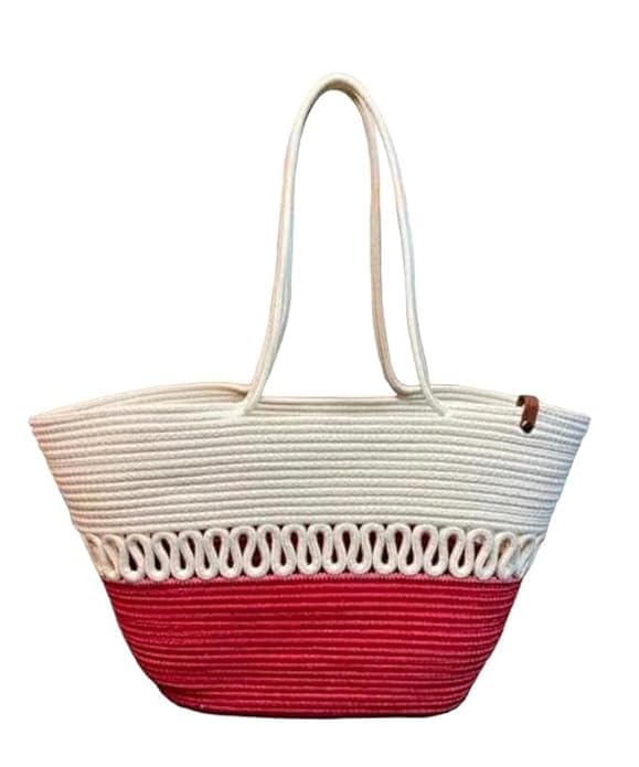 Zeblr Attractive Hand Bag |Basket Bag | Bamboo Tote | Beach Bags for Women|Boho Bag|Handbag |Jute Bag (WHITE RED | Size; 29 x 38 x 29 Centimeters)
