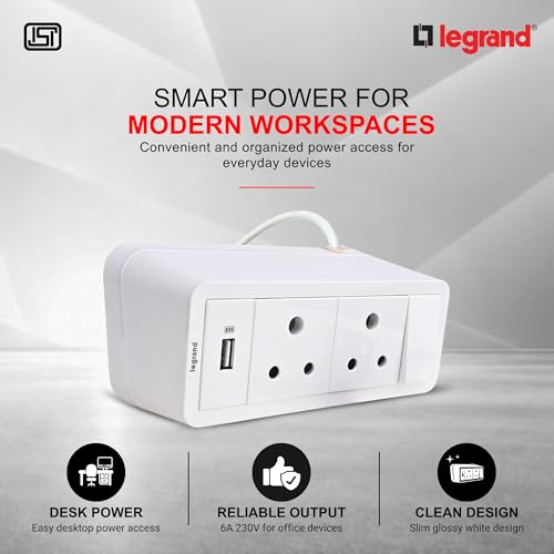 Image of Legrand Extension Board with USB (2-Sockets, 1 Switch, White, 1.5M Cable) | 2 x 6A Socket 230V + USB-A 5V 15 amp Charging | IP20 Rated Power Hub /Box for Home, Office, Hotel Use | Spike Guard
