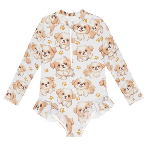 Puppy Footprints Girls Long Sleeve Swimsuit Rash Guard One Piece Bathing Suits Zipper 3-12T
